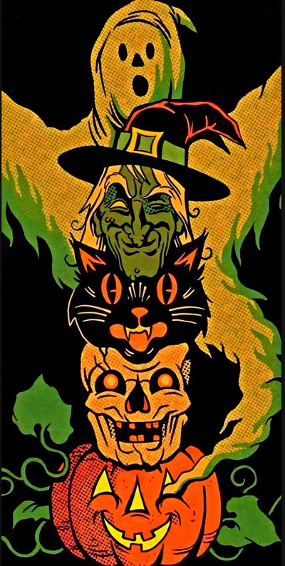 an image of a halloween card with cats and pumpkins on it's face Classic Halloween Iphone Halloween Art, Halloween Artwork, Horror Artwork, Vintage Halloween Images, black