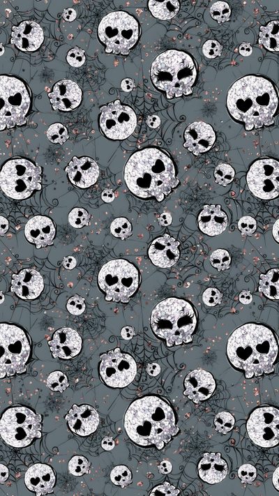 a bunch of skulls that are on a gray background with white and black dots in the middle Halloween Thorny Skulls Warm Gray Spooky Skull Design Background, Halloween Skulls, Skull Christmas Background,