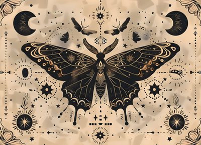 a drawing of a butterfly with stars and moon shapes on it's back side Halloween Moth Moth Laptop, Witchy Tablet, Boho Celestial Pretty Moths, Astrology Moth, Witchy Laptop, tan
