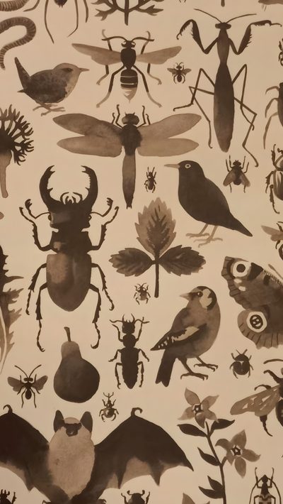 an image of bugs and insects on a white background Halloween Insects With Insects, Vintage Insect Pattern, Insect Themed, Vintage Insect Pattern Design, tan