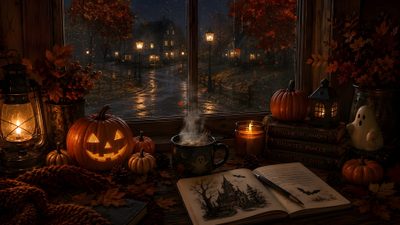 an open book sitting on top of a table next to candles and pumpkins in front of a window Halloween Ambience Profile Picture, Halloween, black