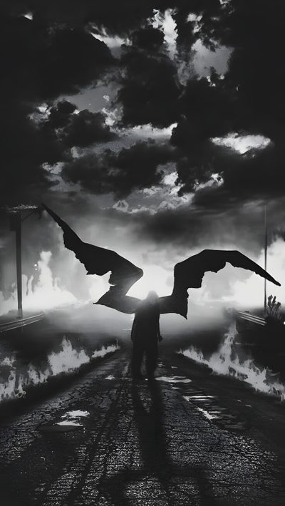 a person standing in the middle of a road with two large birds flying over them Halloween Billie Eilish Jenny Rivera, You Are My Moon, Black And White, dark slate gray