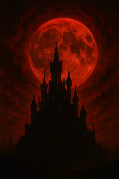 a red full moon over a castle in the sky Red Halloween Dark Red Fantasy Aesthetic, Red Kingdom, Evil Moon, Crimson Red Aesthetic, Vampire Shadow, black