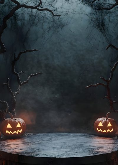 two carved pumpkins sitting on top of a wooden table in front of some trees Halloween Podium Spooky Background, Halloween Hocus Pocus, Glow Pumpkin, Halloween Backdrop, dark slate gray