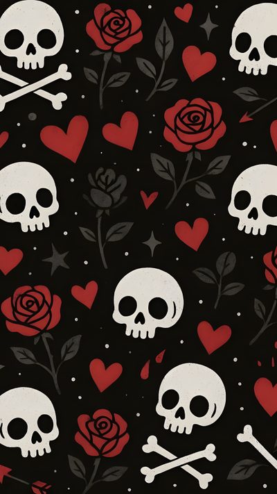 skulls and roses with hearts on a black background for valentine's day wallpaper Halloween Valentines Spoopy Background, Goth Valentines Iphone, Simple Gothic Patterns, Elder Emo, black