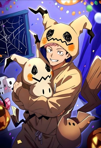 a man holding a dog in his arms with halloween decorations on the wall behind him Jujutsu Kaisen Halloween Gojo Yuji Megumi, Sukuna Tomodachi Life, Mimikyu Fanart, dim gray