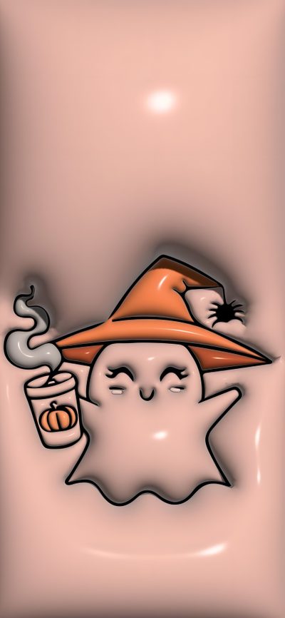 an image of a ghost with a hat on its head and a cup in his hand Halloween Puffy 3d Phone Backgrounds, 3d Fall Iphone, Iphone 3d Autumn, Jelly Halloween, Halloween Puffy, tan