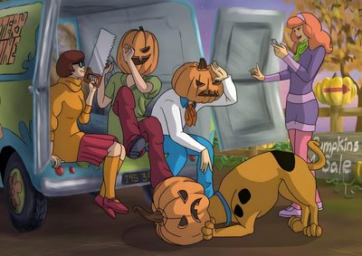 cartoon characters sitting in front of a van with pumpkins on their faces and dogs around them Scooby Doo Halloween 1920x1080 Scooby Doo Fall, Scooby Doo Halloween Art, Scooby Doo Halloween, dark olive green