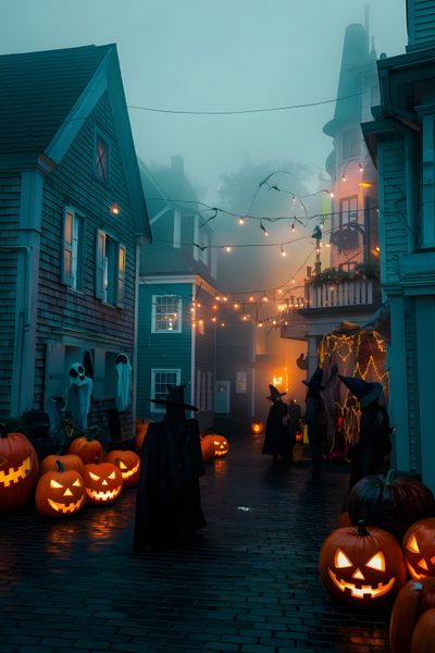 a group of people dressed in halloween costumes walking down a street with pumpkins on the ground Salem Halloween Aesthetic Salem Witch Town In October, Salem During Halloween, Halloween In Salem Massachusetts, dark slate gray