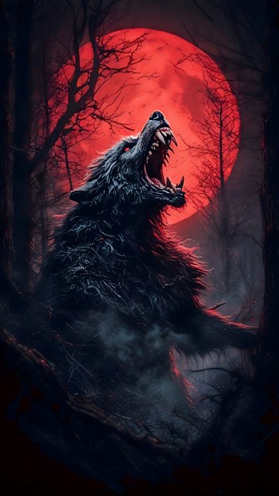 a wolf with its mouth open in front of a red full moon and some trees Halloween Werewolf Lycan, Red Werewolf, Werewolves, Werewolf Moon 4k, Werewolf Hd, Scary Wolf, black