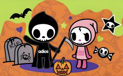 two cartoon characters standing next to each other in front of tombstones and pumpkins Tokidoki Halloween Couple Duos Characters, Tokidoki Matching Pfp, Adios And Ciao Ciao Matching Pfp, peru
