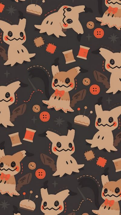 an animal pattern is shown on a black background with orange and red buttons, stars, and other items Halloween Pokémon Fondos De Pantalla Aesthetic Vintage, Mimikyu Cute, Mimikyu Pokemon Background, dark slate gray