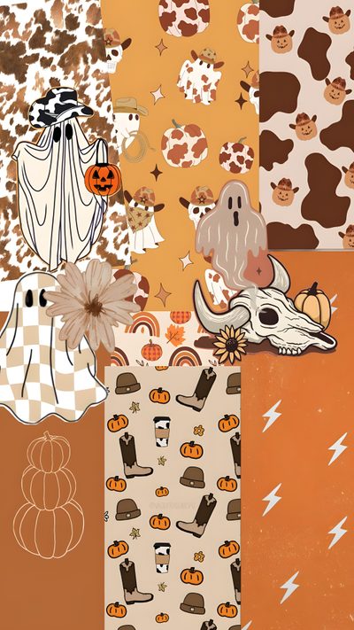 a collage of halloween images with pumpkins, ghost, and other things on them Fall Cute Western Halloween Cute Fall Western, Western Fall Background, Fall Western, peru