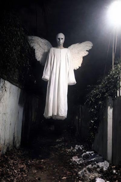 an angel statue in the middle of a dark alleyway with light shining on it Halloween Angel Scary Angels, Creepy Angel, Fallen Angel Art, Angel Halloween Costumes, black