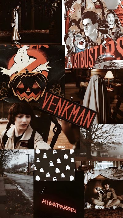 the collage has many different pictures and words on it, including ghostbusters Stranger Things Halloween Halloween Stranger Things, Stranger Things Fall, Stranger Things Halloween, dark slate gray