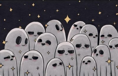 a group of ghost like people standing in front of stars Cute Ghost Halloween Desktop Ghost Aesthetic Laptop, Ghost Desktop Aesthetic, Ghost Computer, gray