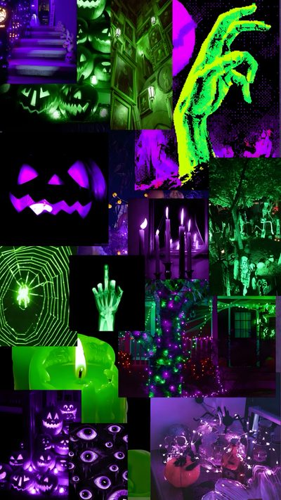 a collage of halloween images with green and purple lights Purple And Green Halloween Neon Aesthetic Halloween, Spooky Neon Halloween, Glowing Neon Halloween, black