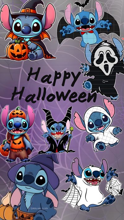cartoon halloween characters with the words happy halloween Lock Screen Stitch Halloween Stitch Halloween Iphone, Halloween Lilo And Stitch, Lilo And Stitch Halloween, gray
