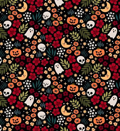 a halloween themed background with skulls, flowers and pumpkins in the dark night sky Applewatch Halloween Halloween Floral, Floral Halloween, Halloween Flower Background, Halloween Flower, black