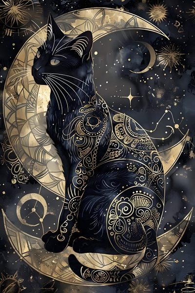 a black cat sitting on the moon with stars and crescents in the night sky Black Cat Diamonds For Halloween In Mystical Cat Drawing, Black Cat With Intricate Designs, Gold And Black Cat Illustration, dark slate gray