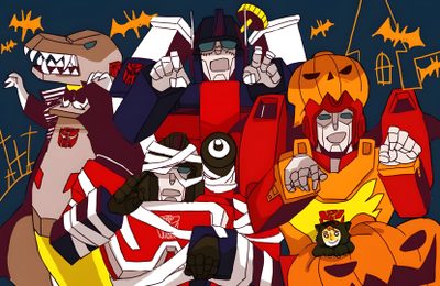 cartoon characters dressed up in halloween costumes with bats and pumpkins around them on a dark background Transformers Halloween Starscream Holiday Special, Autobot Medics, Christmas Transformers Pfp, brown