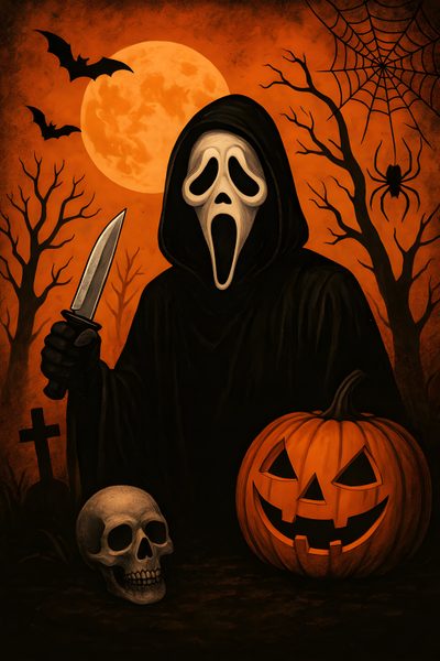 a painting of a skeleton holding a knife next to a jack - o'- lantern Halloween Characters Scary Photos, Ghostface Scream, Horror Characters, Halloween Pictures, black