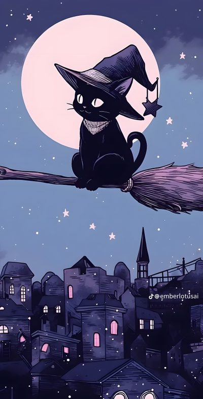 a black cat sitting on top of a broom in front of a city at night Anime Cat Halloween Acer Laptop Aesthetic, Cute Halloween Black Cat, Background Black Cat, dark slate blue