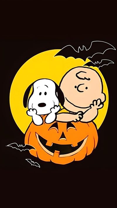 a cartoon character hugging a snoopy on top of a pumpkin Charlie Brown Halloween Halloween Painting Snoopy, Peanuts Characters Halloween, Snoopy Pumpkin Image, black