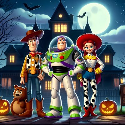 the characters from toy story are standing in front of a house with pumpkins and bats Toy Story Halloween Toy Story Thanksgiving, Halloween Toy Story Decorations, Toy Story 3 Villian, dark slate gray