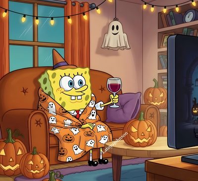 a cartoon character sitting on a couch in front of a tv with pumpkins around it Spongebob Squarepants Halloween Spongebob Pics, Halloween Cute, Spongebob, Spooky Scary, sienna