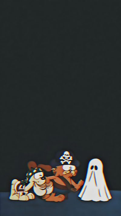 two cartoon characters sitting next to each other in front of a black background with white ghost Halloween Garfield Garfield Halloween, Garfield, Chill, Halloween Iphone Backgrounds, dark slate gray
