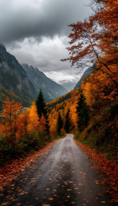 an empty road surrounded by trees and mountains Halloween Mountain Scenery Inspiration, Fall Storm, Autumnal Landscape, Fall Trees Forest, dark olive green