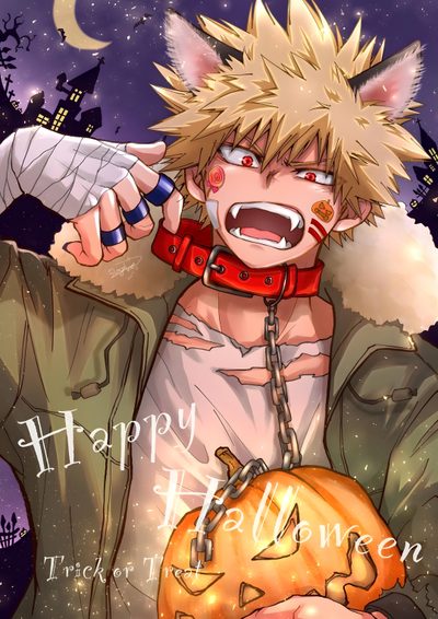 an anime character holding a pumpkin in his hand Bakugou Halloween My Hero Academia Halloween, Vampire Bakugo, Halloween Bakugou Fanart, gray