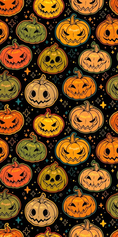 a lot of pumpkins that are on a black background with stars and sparkles Halloween Pumpkins Non Traditional Spooky Pumpkin, Halloween Phone, Halloween Wall Paper Design, saddle brown