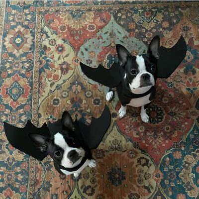 two boston terriers dressed up as bats for the halloween season, looking at the camera Halloween Boston Terrier Boston Terrier In Spider Costume, Boston Terrier Nibbler Costume, Halloween Dog Aesthetic, dark olive green