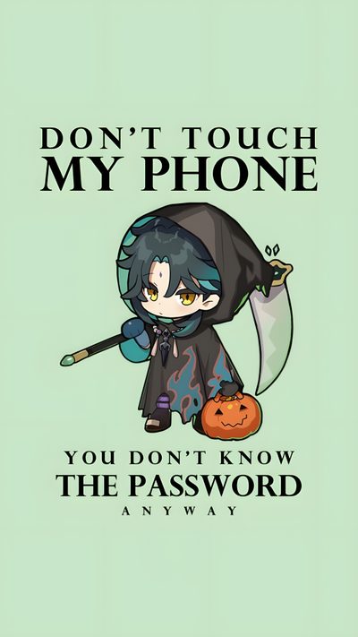 an image of a cartoon character holding a pumpkin with the caption don't touch my phone you don't know the password any way Halloween Genshin Genshin Apple Watch, Xiao Cute, Xiao Phone Background, Xiao Themed Phone, light gray