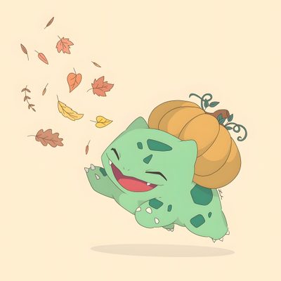 a cartoon character flying through the air with leaves falling from it's back and on his head Halloween Bulbasaur Halloween Bulbasaur, Bulbasaur Forest, Bulbasaur Attacking, blanched almond