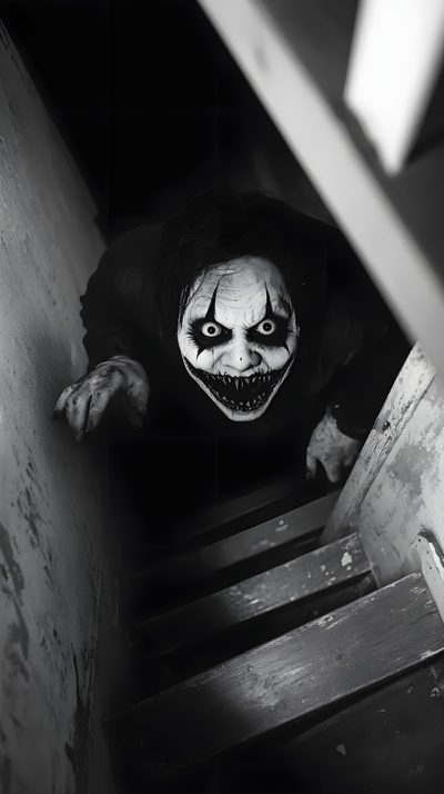 a scary clown is coming down the stairs in black and white photo with creepy expression on his face Show Me Halloween Backgrounds Scary, Scary Picture, Scariest, Horror Walpappers, black