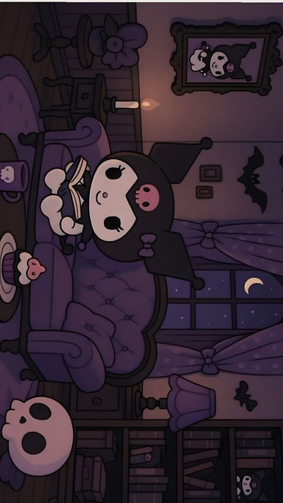 an animated image of a person sleeping in a bed with ghost decorations on the walls Desktop Kuromi Halloween Desktop Dark Aesthetic Iphone Purple, Kuromi Desktop Hd, Sanrio, dark slate gray