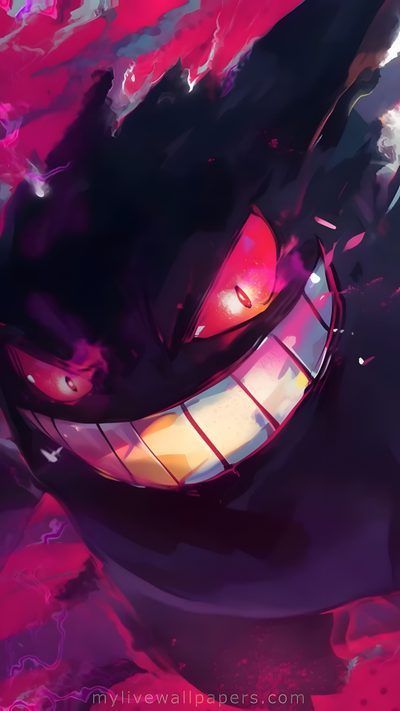 a close up of a cat's face on a purple and pink background with red light coming from its eyes Gengar Halloween Gengar Live Iphone, Gengar Animated, Gengar Gif 4k, Pokemon Live 4k, midnight blue