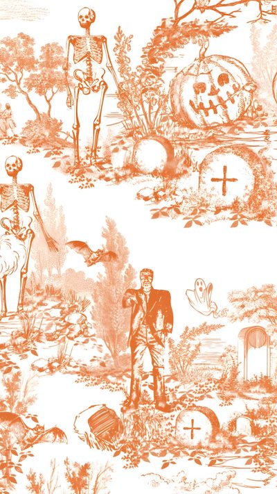 an orange and white halloween wallpaper with skeletons, skulls, tombstones and pumpkins Halloween Themed Bathroom Halloween Toile, Romantic Halloween Pattern Designs, Halloween Prints Art, antique white