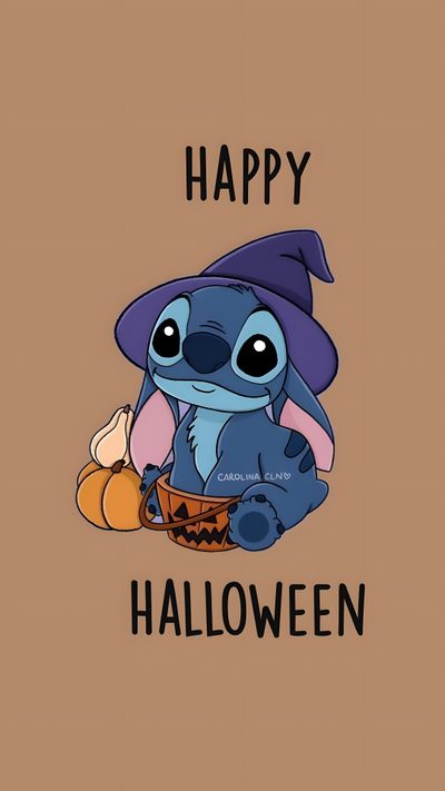 a cartoon character wearing a witches hat and holding a pumpkin with the words happy halloween on it Stitch Halloween Costume Toothless And Stitch, Cameron Boyce Descendants, Lilo And Stitch Merchandise, rosy brown