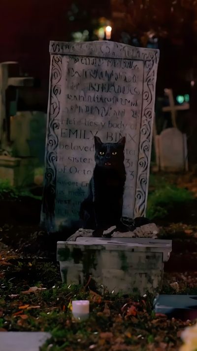 a black cat sitting on top of a grave in a cemetery at night with candles around it 90s Halloween Phone Halloween Widget Ideas, Halloween Movie Iphone, Hocus Pocus Pfp Aesthetic, black