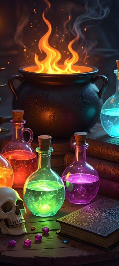 there are many different colored flasks and books on the table next to each other Halloween Potion Witchy, Season 3, Tarot Cards, Witch, dark slate gray