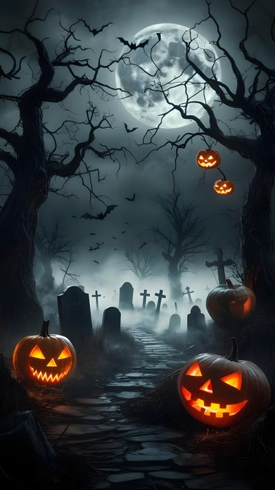 halloween pumpkins on the ground in front of a cemetery at night with full moon Full Moon Halloween Halloween Images, Beautiful Posters, Halloween Backgrounds, dark slate gray