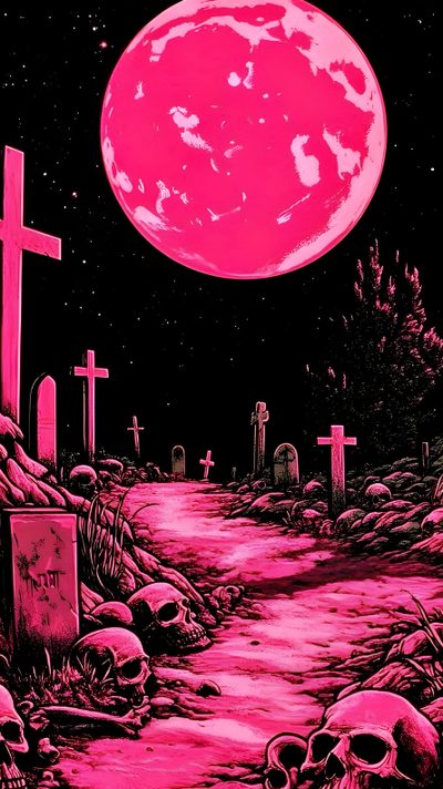 a pink moon over a cemetery with skulls on the ground Dark Pink Halloween Pink Scary, Horror Aesthetic Pink, Pink Horror Background, Pink Spooky Iphone, maroon