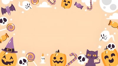 halloween frame with pumpkins, jack - o'- lanternes and cat on pink background Free Cute Halloween Desktop Halloween Horizontal, Laptop Halloween, Halloween Keyboard Background, peach puff