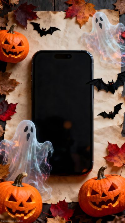 a cell phone sitting on top of a table next to pumpkins and ghost heads Modern Smartphone With Halloween Glow Pumpkin, Creative Poster Design, Creative Posters, saddle brown