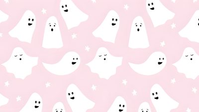 a pink background with ghost faces and stars Pink Halloween Macbook Aesthetic Halloween Laptop, Pink Fall Laptop, Pink Halloween Laptop, misty rose