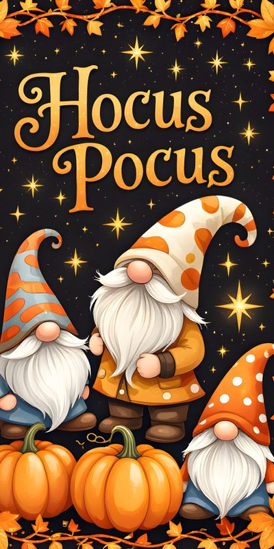 two gnomes sitting on top of pumpkins with the words hoccus pocus Halloween Gnome Ideas Fall Backgrounds Iphone, Gnome, Happy Halloween Pictures, dark olive green